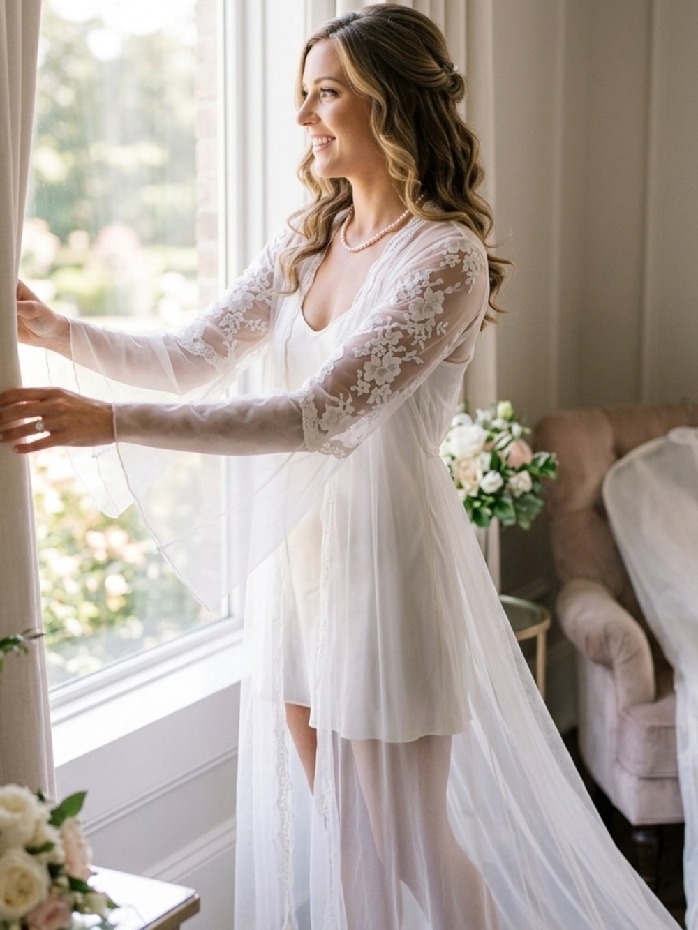 VTG Jonquil Diane Samandi Cassidy Ivory Lace Mesh Robe Bridal Wedding Fairy Boho